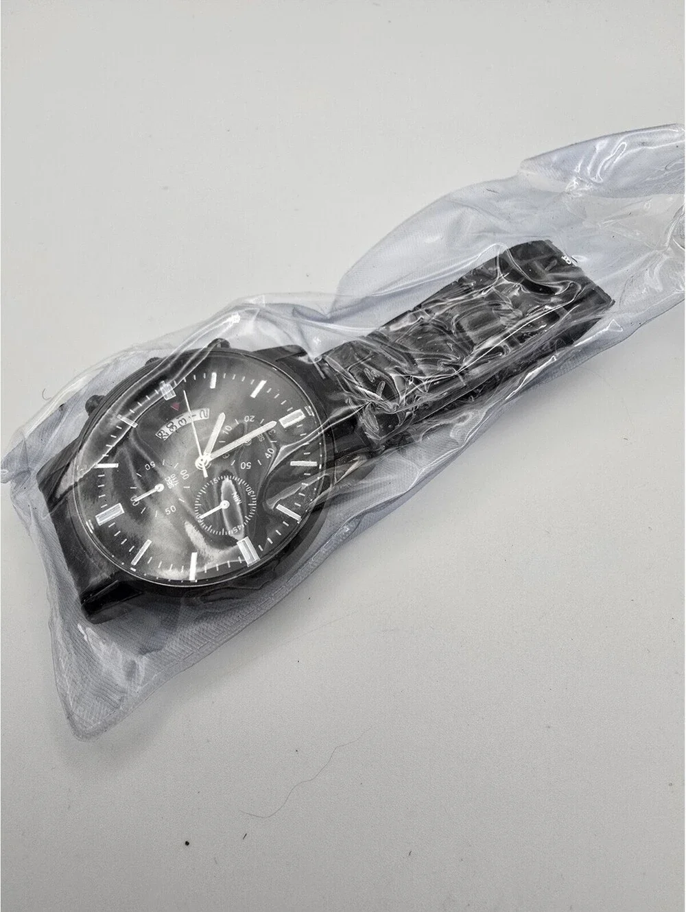 Mens Black Chronograph Style Quartz Watch Black Dial Date Black Link Bracelet